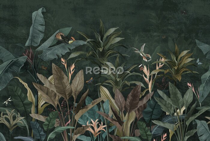 Fotobehang wallpaper palm tropical forest vintage jungle pattern with birds dark mood