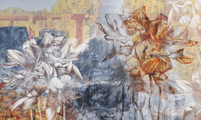 Fotobehang Water lilies, pitchers. Graphic flowers painted on concrete grunge wall. Stunningly beautiful, vintage, modern mural, wallpaper, photo wallpaper, cover, postcard.