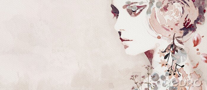 Fotobehang Watercolor abstract portrait of girl. Fashion background.
