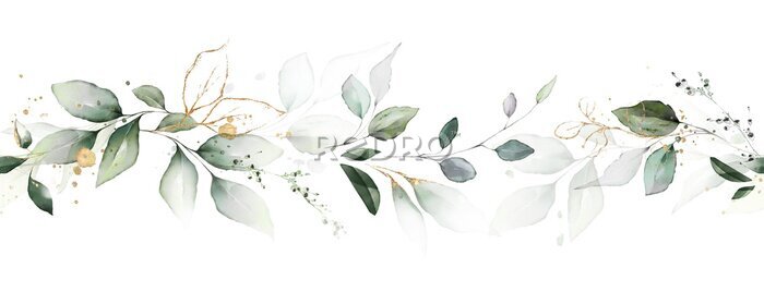 Fotobehang watercolor botanic, Leaf and buds. Seamless herbal composition for wedding or greeting card. Spring Border with leaves eucalyptus