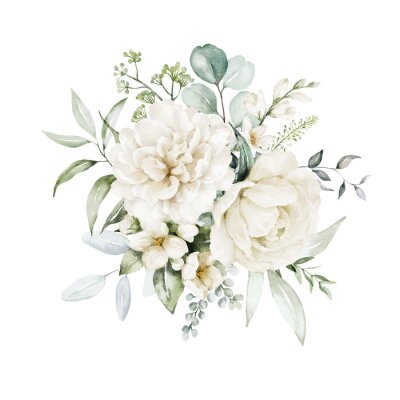 Watercolor floral illustration bouquet - white flowers, rose, peony, green and gold leaf branches collection. Wedding stationary, greetings, wallpapers, fashion, background. Eucalyptus, olive, leaves.