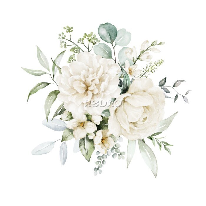 Fotobehang Watercolor floral illustration bouquet - white flowers, rose, peony, green and gold leaf branches collection. Wedding stationary, greetings, wallpapers, fashion, background. Eucalyptus, olive, leaves.