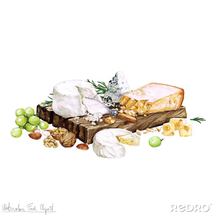 Fotobehang Watercolor Food - Cheese Board