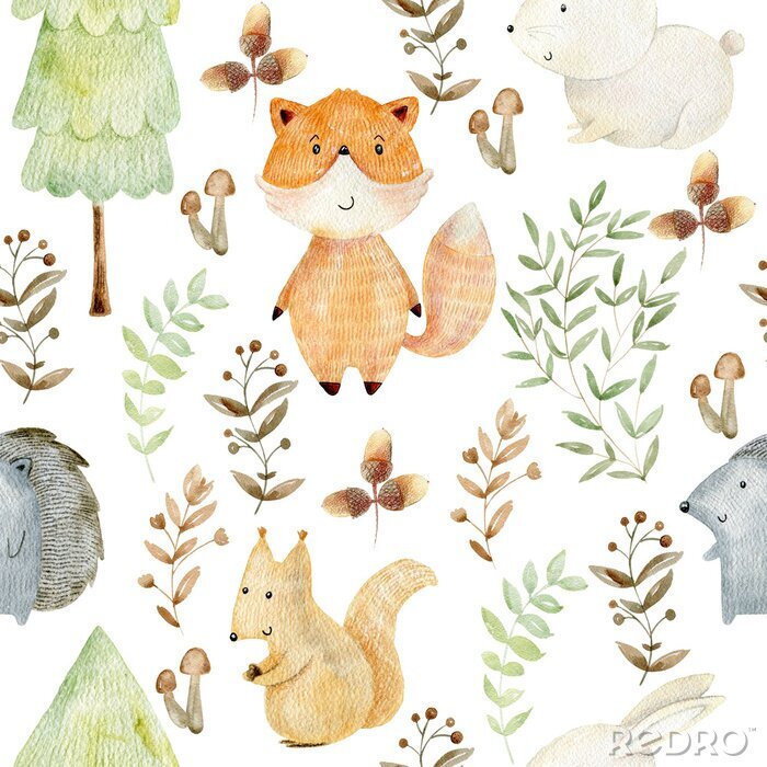 Fotobehang Watercolor forest pattern.