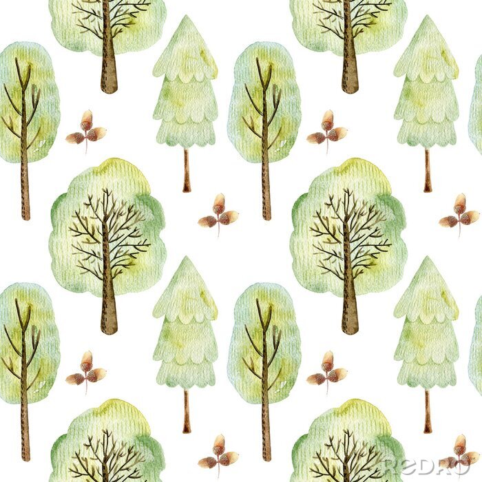 Fotobehang Watercolor forest pattern.