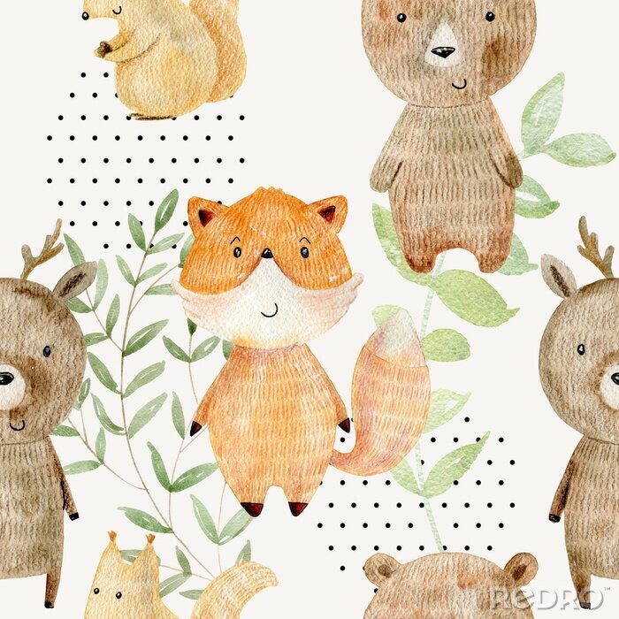 Fotobehang Watercolor forest pattern.