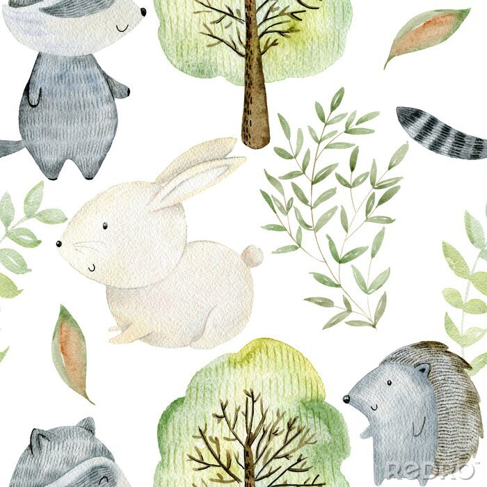 Fotobehang Watercolor forest pattern.