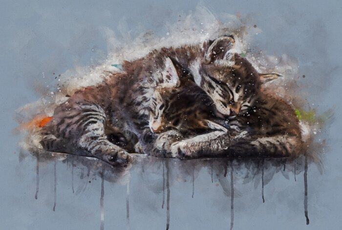 Fotobehang Watercolor illustration, Two little tabby cats sleeping together