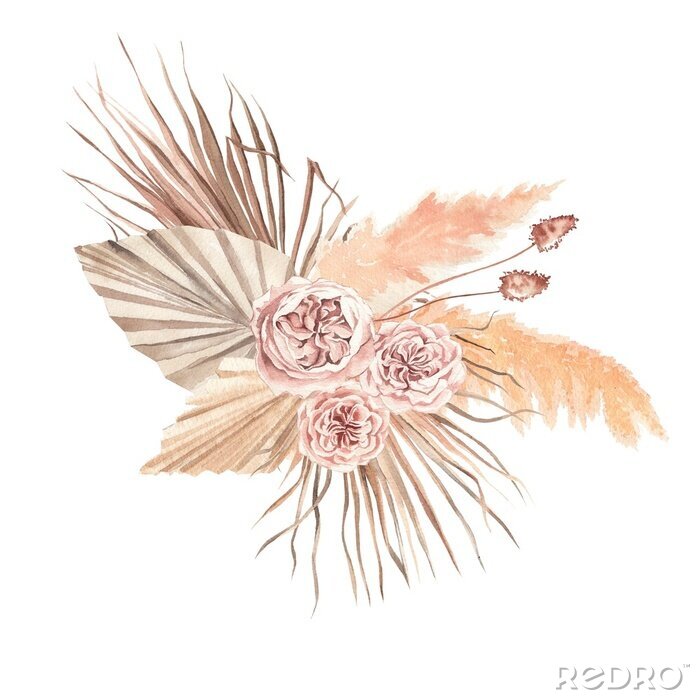 Fotobehang watercolor illustration. Wedding bouquet in boho style, peony roses, flowers,pampas grass, palm leaves, dried flowers.  Design for invitations, weddings, baptism