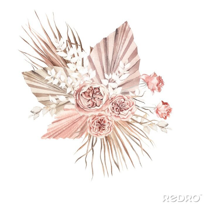 Fotobehang watercolor illustration. Wedding bouquet in boho style, peony roses, pampas grass, palm leaves, dried flowers.  Design for invitations, weddings, baptism