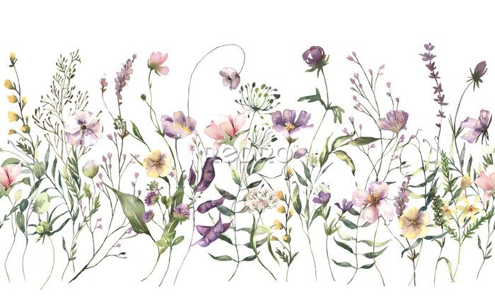 Fotobehang Watercolor Midsummer invitations seamless border with hand painted delicate leaves, pink flowers. Romantic floral frames perfect for wedding greeting cards, invitation. High quality illustration