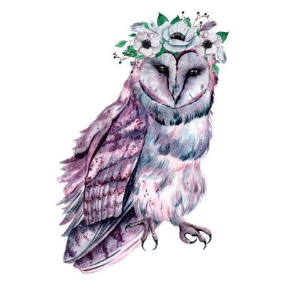 Watercolor owl with flowers. Hand drawn illustration