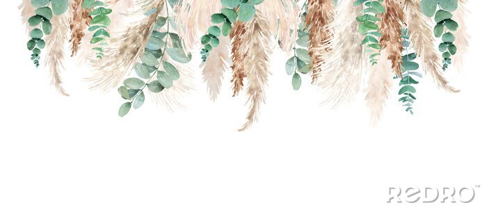 Fotobehang Watercolor pampas grass and eucalyptus  set. Hand painted boho floral neutral colors, sage green border, frame. Botanical elements isolated on white. Bohemian style wedding invitation, greeting, card