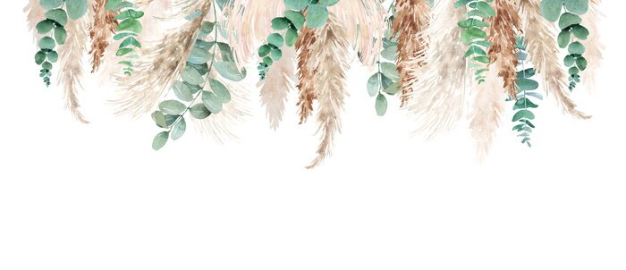Fotobehang Watercolor pampas grass and eucalyptus  set. Hand painted boho floral neutral colors, sage green border, frame. Botanical elements isolated on white. Bohemian style wedding invitation, greeting, card