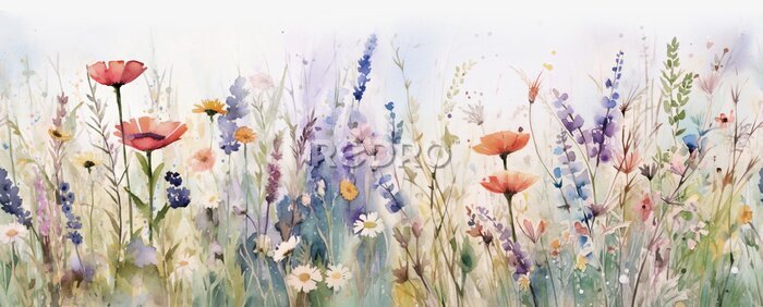 Fotobehang Watercolor pattern of a landscape of blossoms, flower, branches and butterflies with a sky background