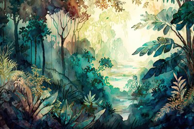 Fotobehang Watercolor pattern wallpaper, digital painting of the Amazon forest landscape, generative AI