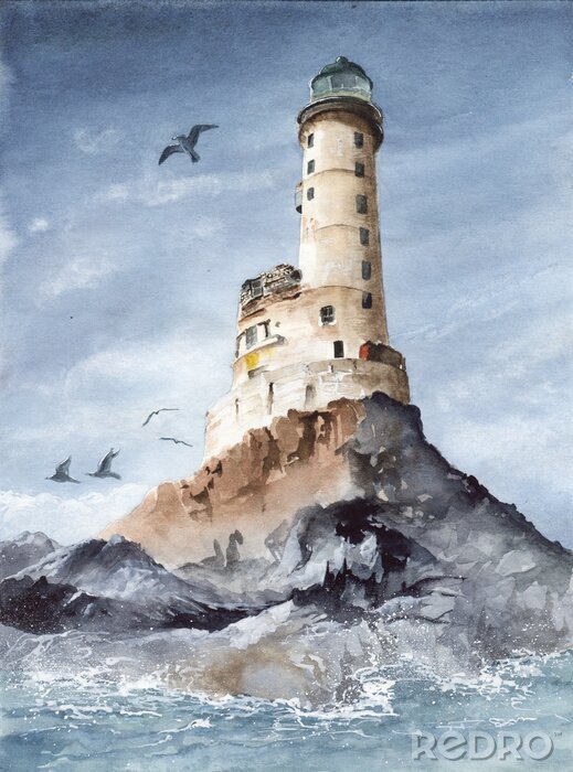 Fotobehang   Watercolor picture of the Aniva  cape lighthouse on the rocky island with blue sky and seagull