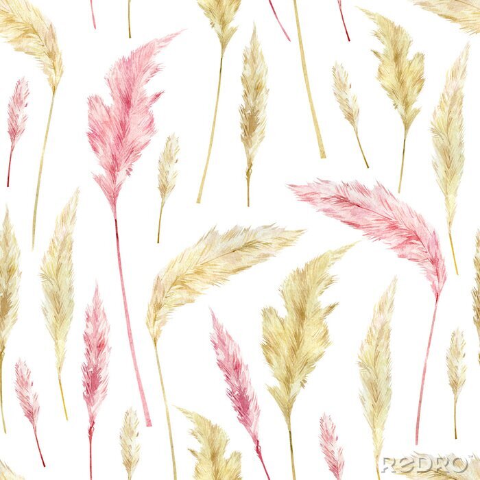 Fotobehang Watercolor retro botanical pattern with dried flowers and pampas grass. Boho wild floral for wallpaper and textile fabric.