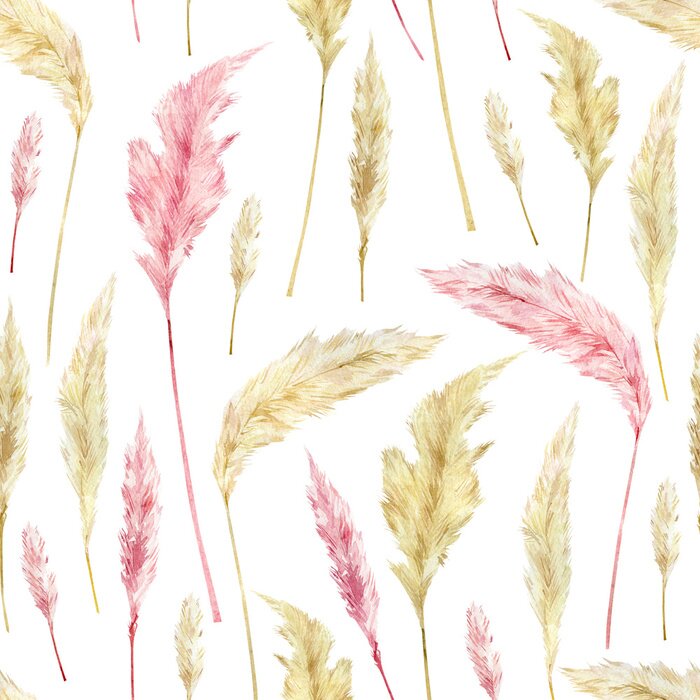 Fotobehang Watercolor retro botanical pattern with dried flowers and pampas grass. Boho wild floral for wallpaper and textile fabric.