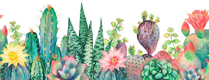Fotobehang Watercolor seamless border cactus pattern.