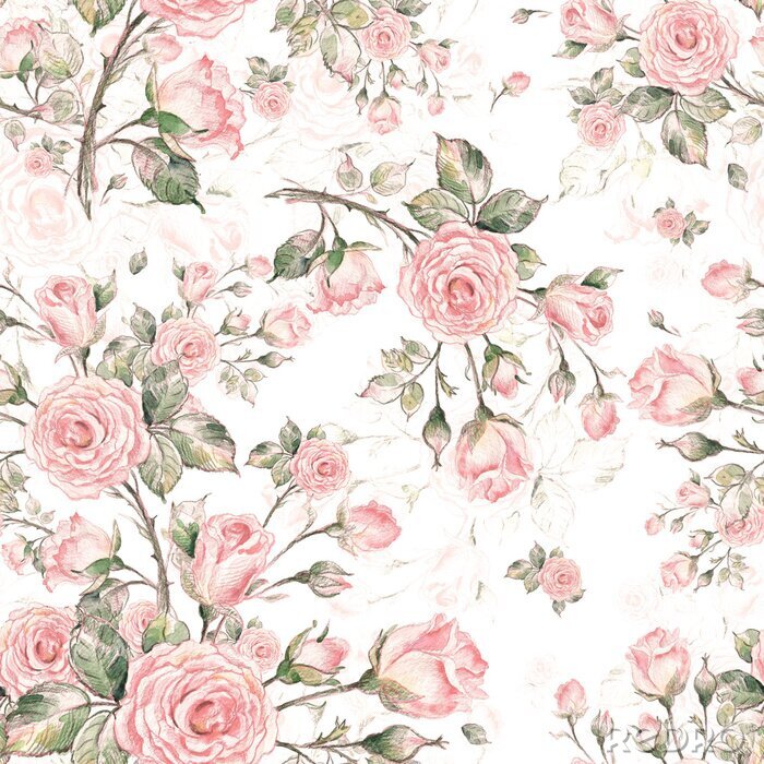 Fotobehang  Watercolor Seamless Rose Pattern G.jpg