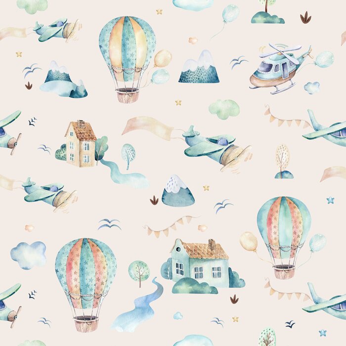 Fotobehang Watercolor set background illustration of a cute cartoon and fancy sky scene complete with airplanes, helicopters, plane and balloons, clouds. Boy seamless pattern. It's a baby shower design