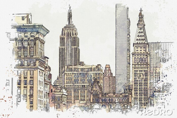 Fotobehang Watercolor sketch or illustration of a beautiful view of the New York City with urban skyscrapers