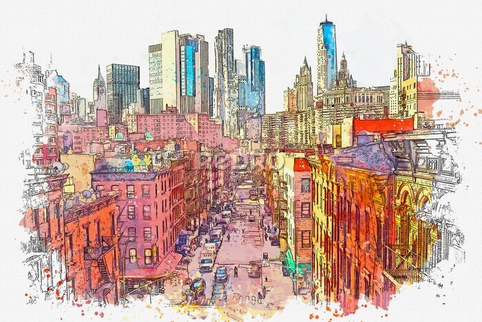 Fotobehang Watercolor sketch or illustration of a beautiful view of the street in Chinatown in New York in the USA. Everyday city life
