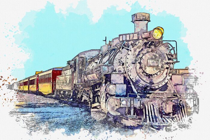 Fotobehang Watercolor sketch or illustration of an old fashioned train. Transportation of passengers and goods by train