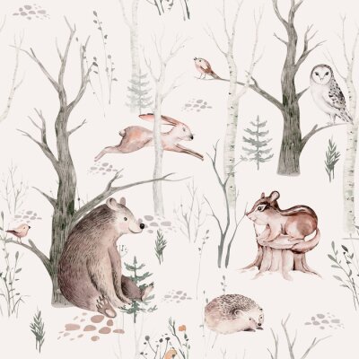 Fotobehang Watercolor Woodland animal Scandinavian seamless pattern. Fabric wallpaper background with Owl, hedgehog, fox and butterfly, rabbit forest squirrel and chipmunk, bear and bird baby animal,