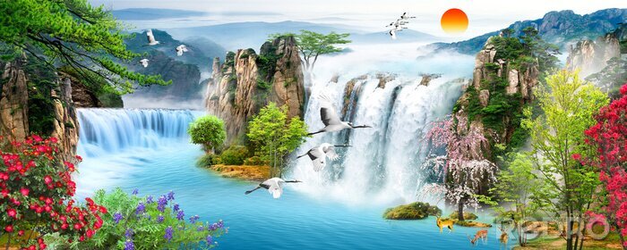 Fotobehang Waterfall, flying birds