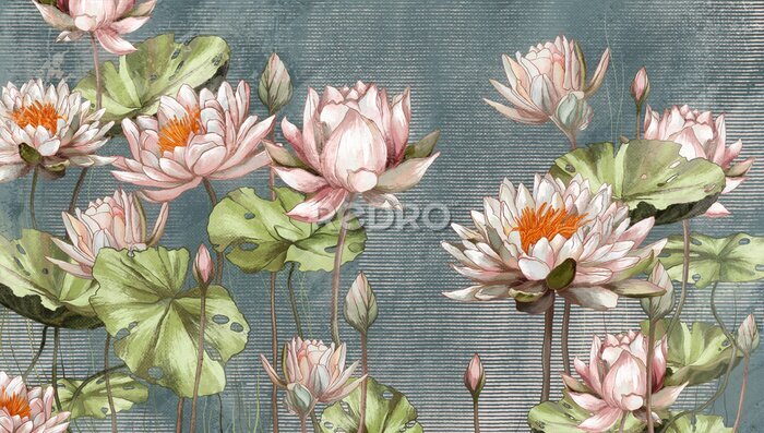 Fotobehang Waterlelies en groene bladeren