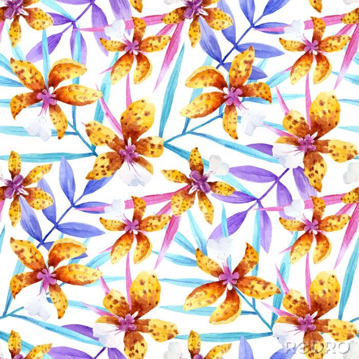 Fotobehang Waterverf orchidee bloemen tropisch vector patroon