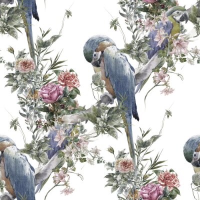 Waterverf schilderij met vogels en bloemen, naadloos patroon op een witte achtergrond