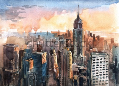 Fotobehang Waterverf van de Wolkenkrabbers van Manhattan - New York