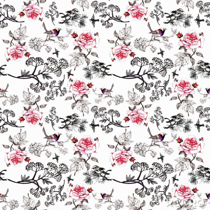 Fotobehang Waterverfhand getrokken naadloos patroon met mooie bloemen en kleurrijke vogels op witte achtergrond.