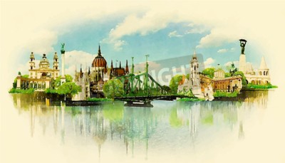 Fotobehang Waterverfillustratie De mening van Boedapest