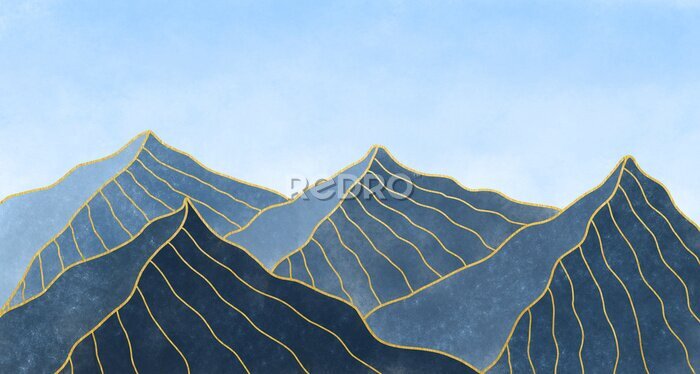 Fotobehang Waterverfillustratie van blauwe bergen