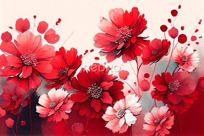 Fotobehang Weide van rode kleine bloemen