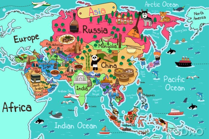 Fotobehang Wereldkaart en dieren voor kinderen