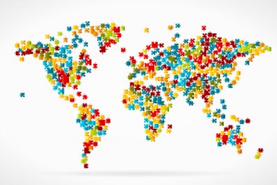 Wereldkaart gemaakt van kleurrijke puzzelstukjes