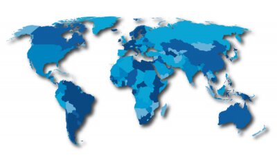 Fotobehang Wereldkaart met blauwe landen