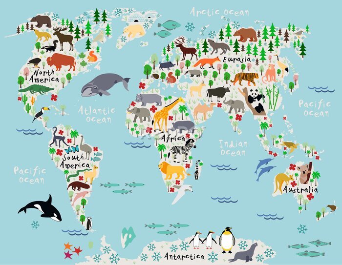 Fotobehang Wereldkaart met dieren - Engelse versie