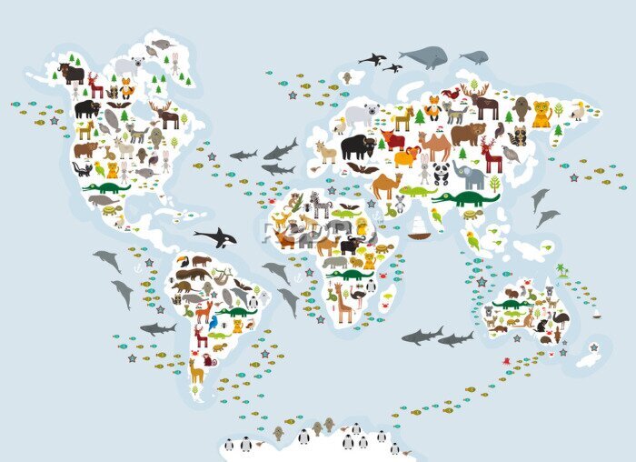 Fotobehang Wereldkaart met dieren op blauwe achtergrond