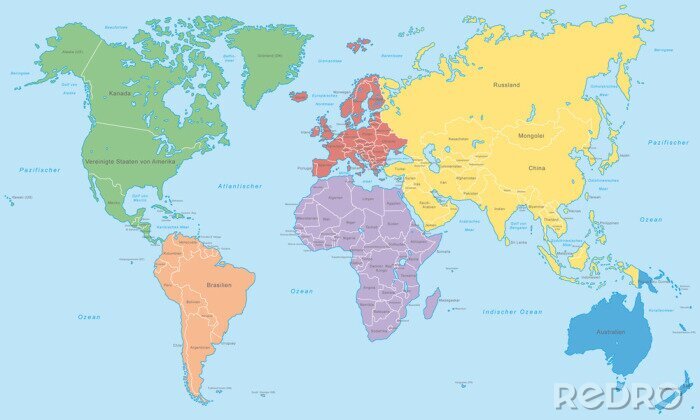 Fotobehang Wereldkaart met gekleurde continenten