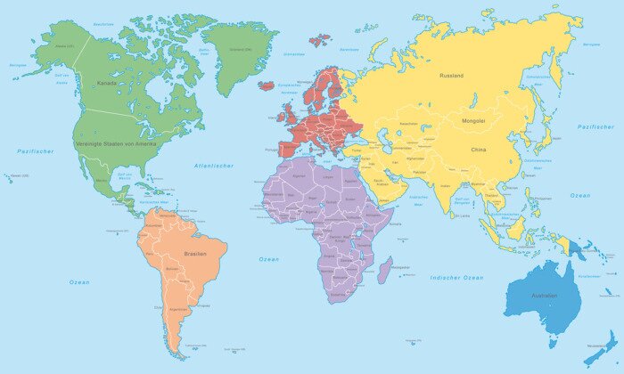 Fotobehang Wereldkaart met gekleurde continenten