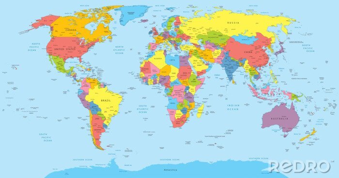Fotobehang Wereldkaart met gekleurde landen