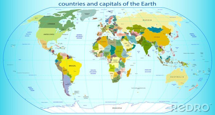 Fotobehang Wereldkaart met hoofdsteden