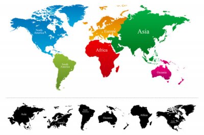 Fotobehang Wereldkaart met ingekleurde continenten