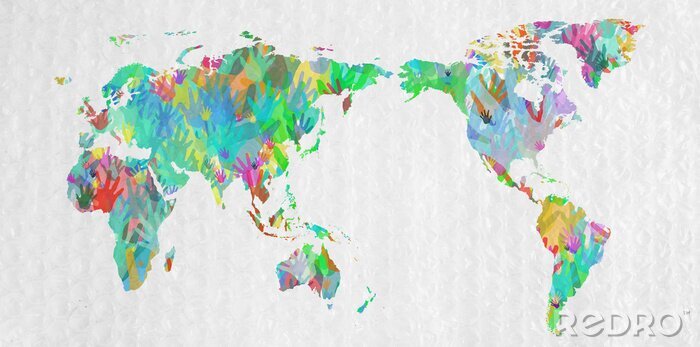 Fotobehang Wereldkaart met kleurrijke handen